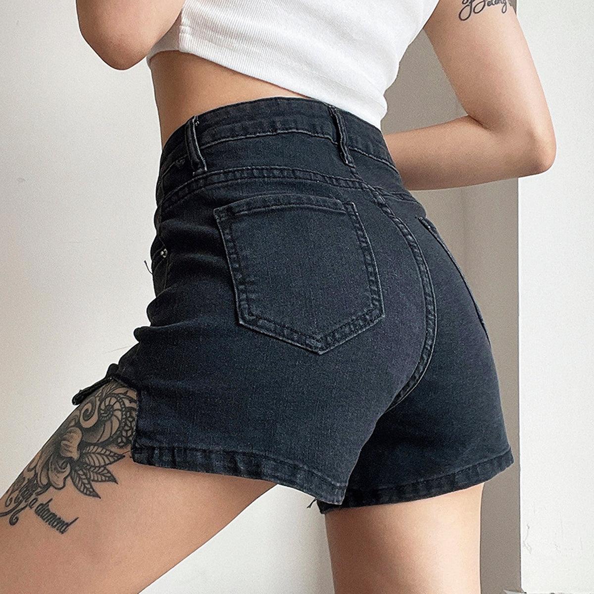 Soft Grunge Leg Strap Denim Shorts - Aesthetic Clothes Shop
