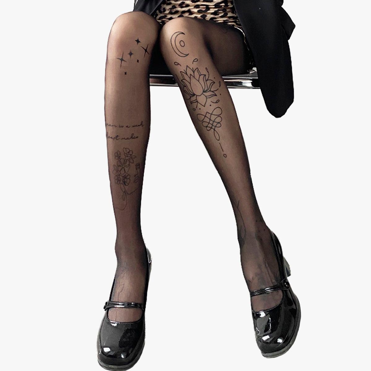 Soft Grunge Tattoo Black Translucent Tights - Aesthetic Clothes Shop