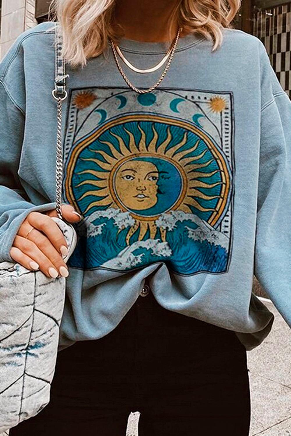 Sun and Moon Love Pale Blue Sweatshirt - Aesthetic Clothes Shop