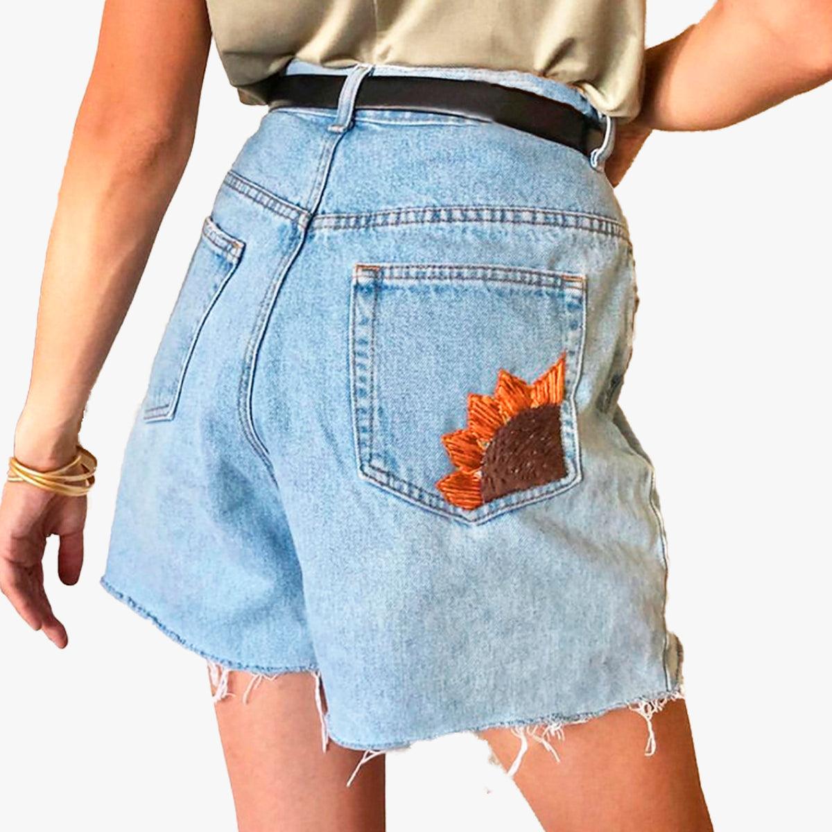 Sunflower Embroidery Light Blue Shorts - Aesthetic Clothes Shop