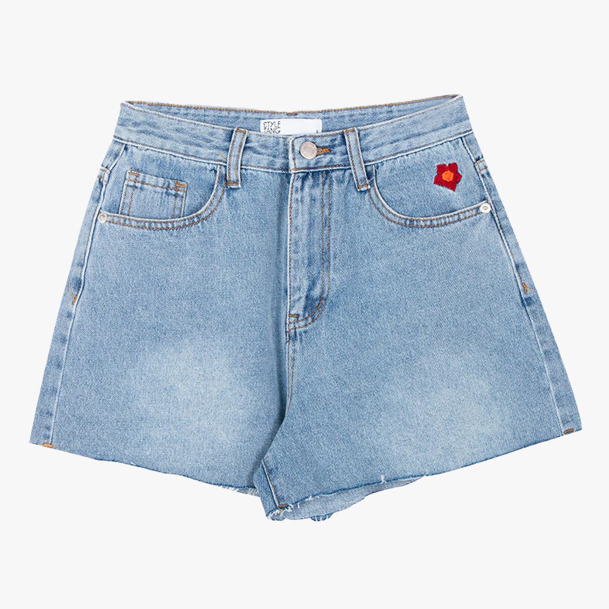 Sunflower Embroidery Light Blue Shorts - Aesthetic Clothes Shop