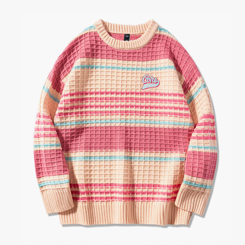Waffle Pink Core Aesthetic Lazy Sweater