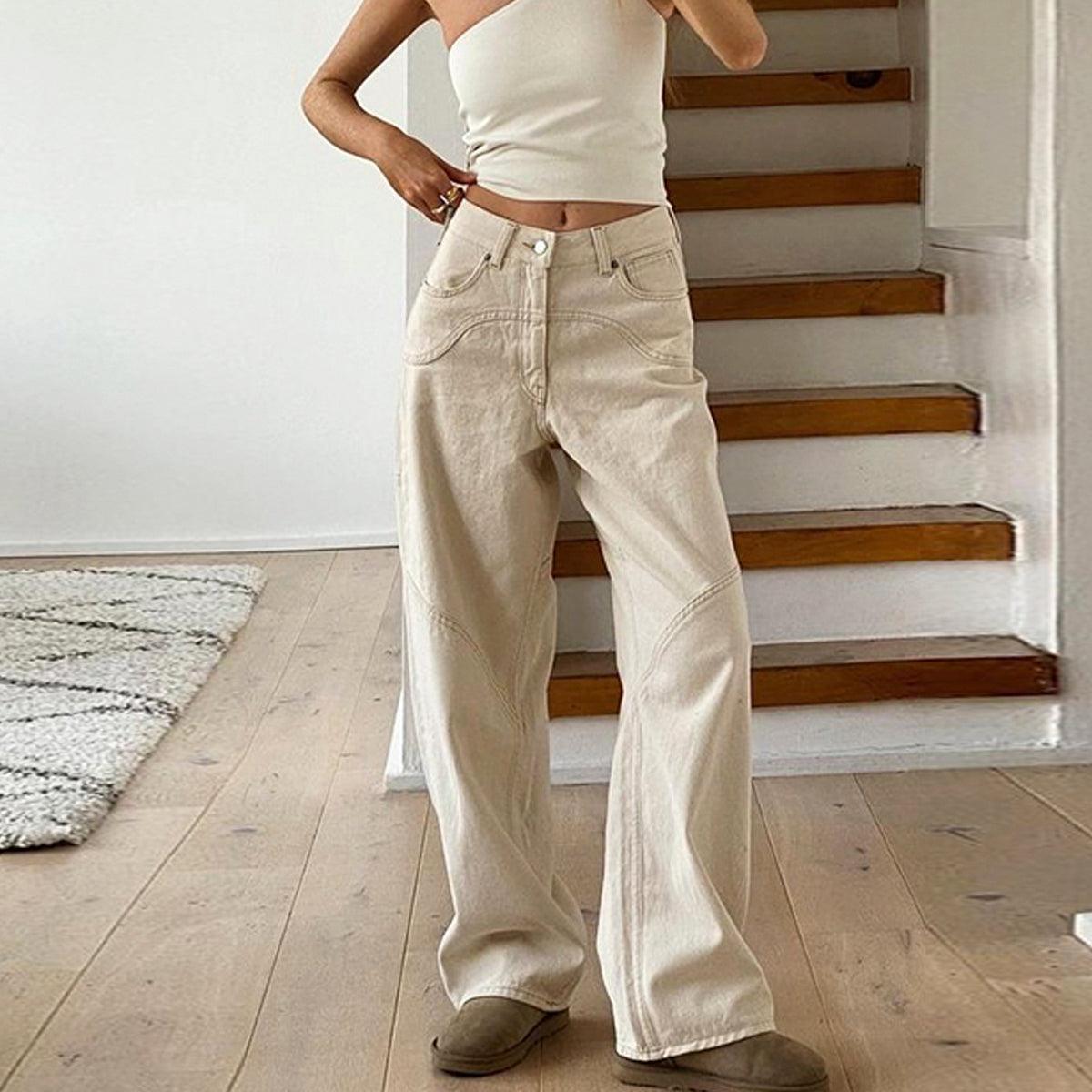 Western Aesthetic Wide Leg Beige Jeans - Aesthetic Clothes Shop