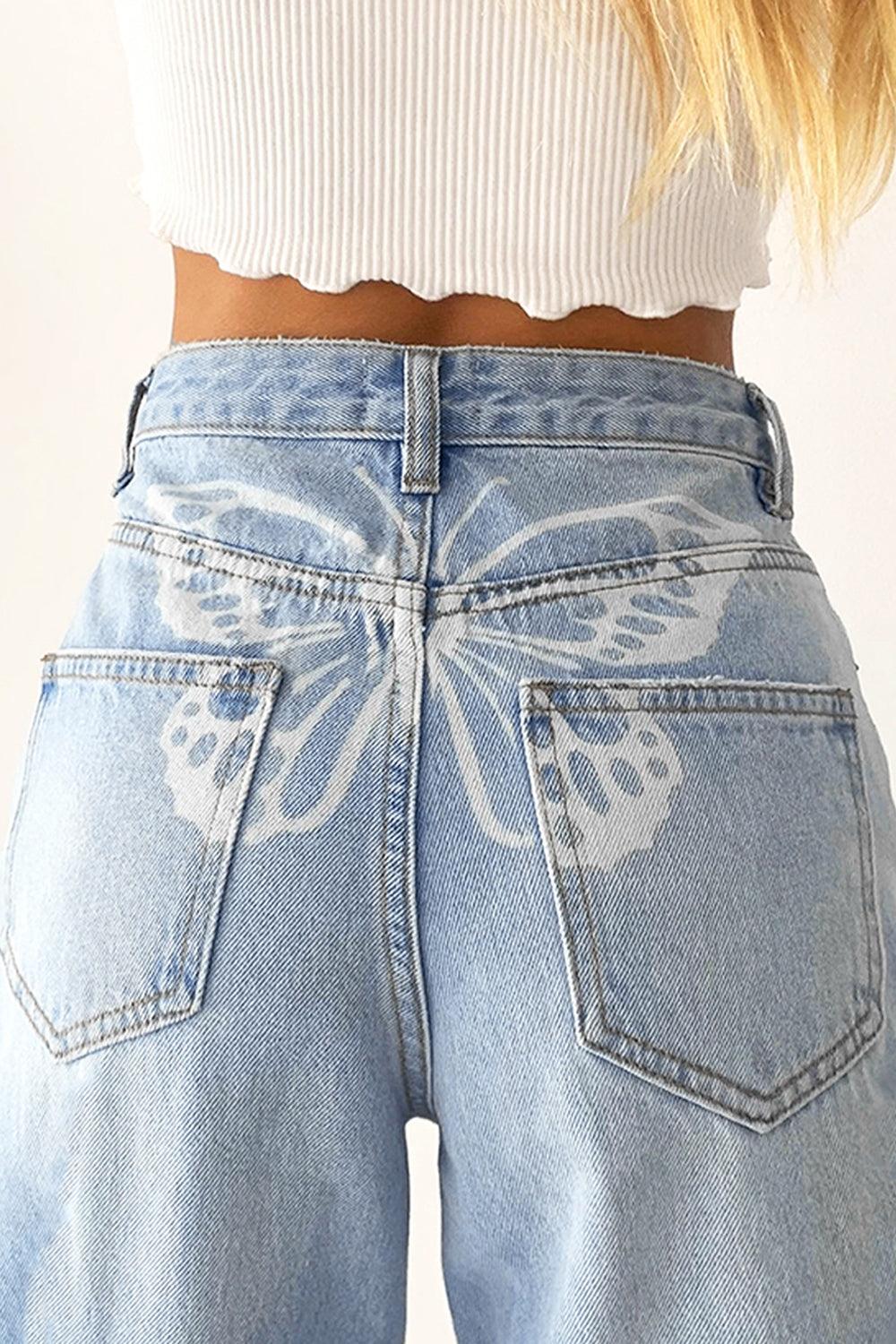 White Butterfly Straight Light Blue Jeans - Aesthetic Clothes Shop